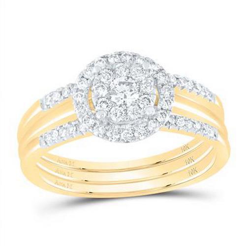 0.50Ctw Diamond Round Cluster 3-Piece Wedding Ring Band Set 10k Yellow Gold