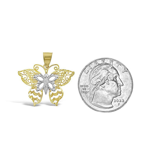 10k Yellow White Gold Butterfly Pendant Charm 1 inch