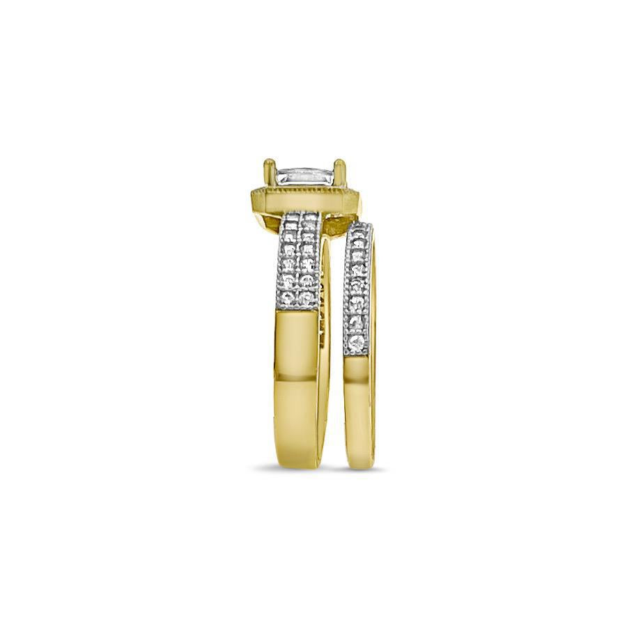 10K Yellow Gold CZ Bridal Ring Set Engagement Wedding Band Duo Cushion Halo