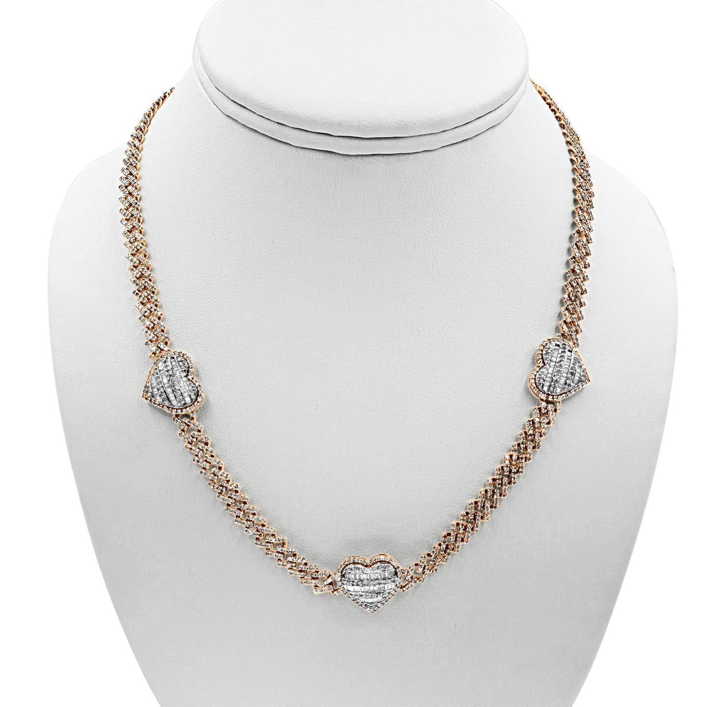 6.91 Cttw Diamond Baguette Hearts Necklace Iced Cuban Link 10k Rose Gold