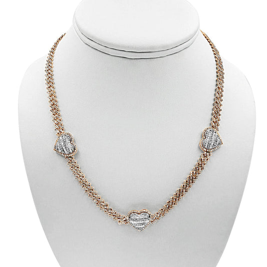 6.91 Cttw Diamond Baguette Hearts Necklace Iced Cuban Link 10k Rose Gold