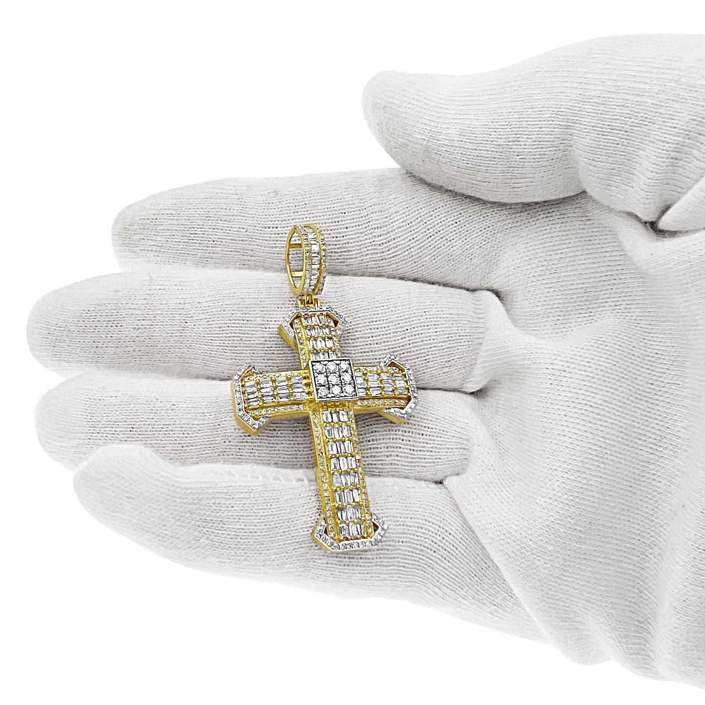 2.24 Cttw Baguette Diamond Cross Mens Pendant 10k Yellow Gold Charm 2 inch