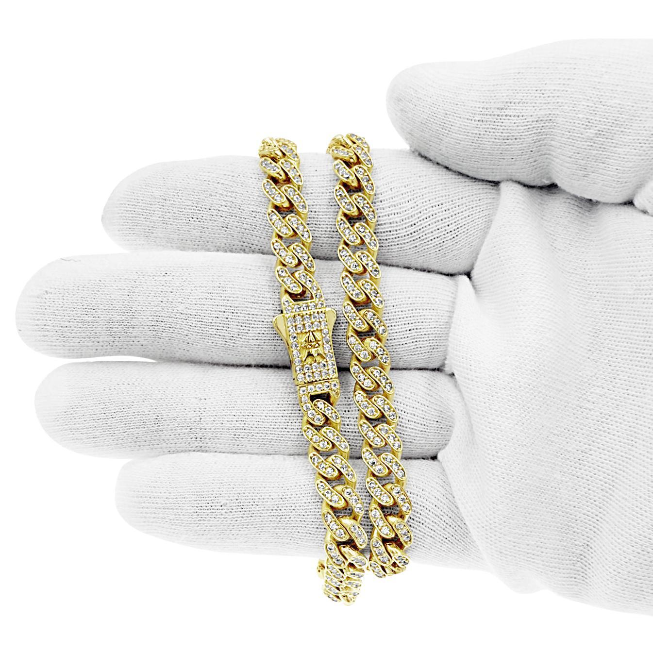14k Yellow Gold Miami Cuban Monaco Link Chain Necklace 7mm Iced Out