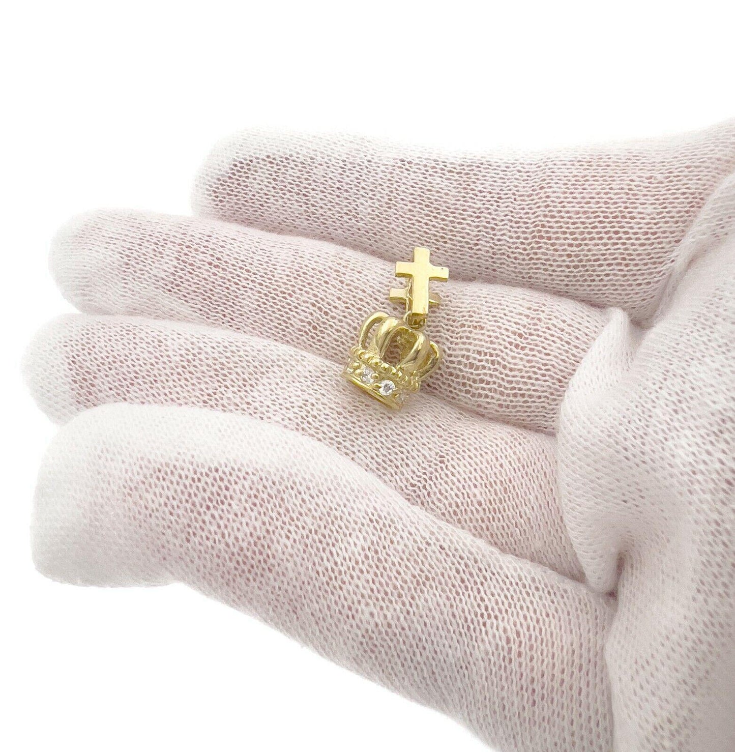 Crown Cross Pendant 3D Charm 10k Yellow Gold CZ 0.7 inch