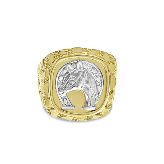 Lucky Horseshoe Horse Nugget Mens Signet Pinky Ring 10k Two Tone Gold