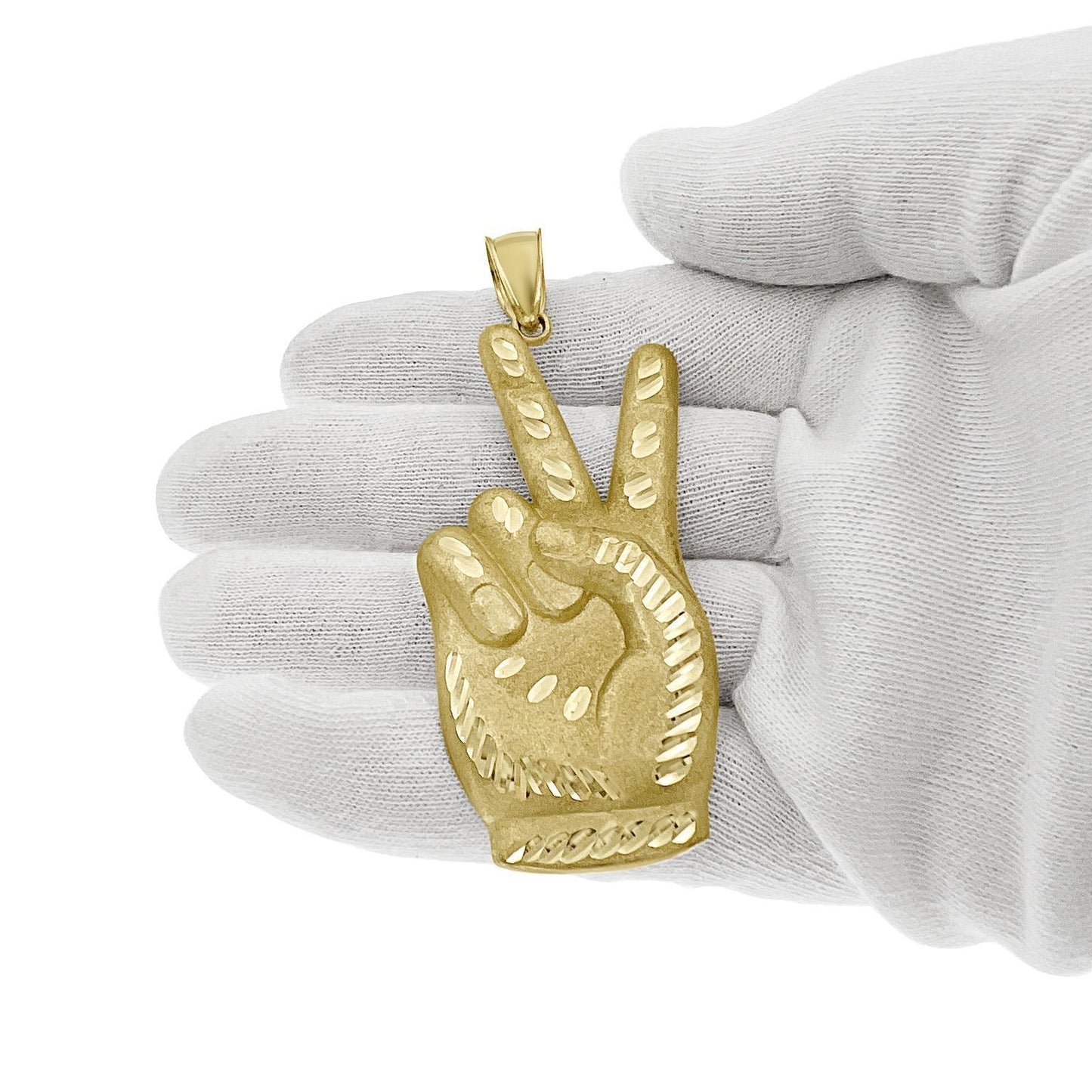 Peace Sign Victory V Pendant Mens Charm 10k Yellow Gold Diamond Cut 2.9 inch