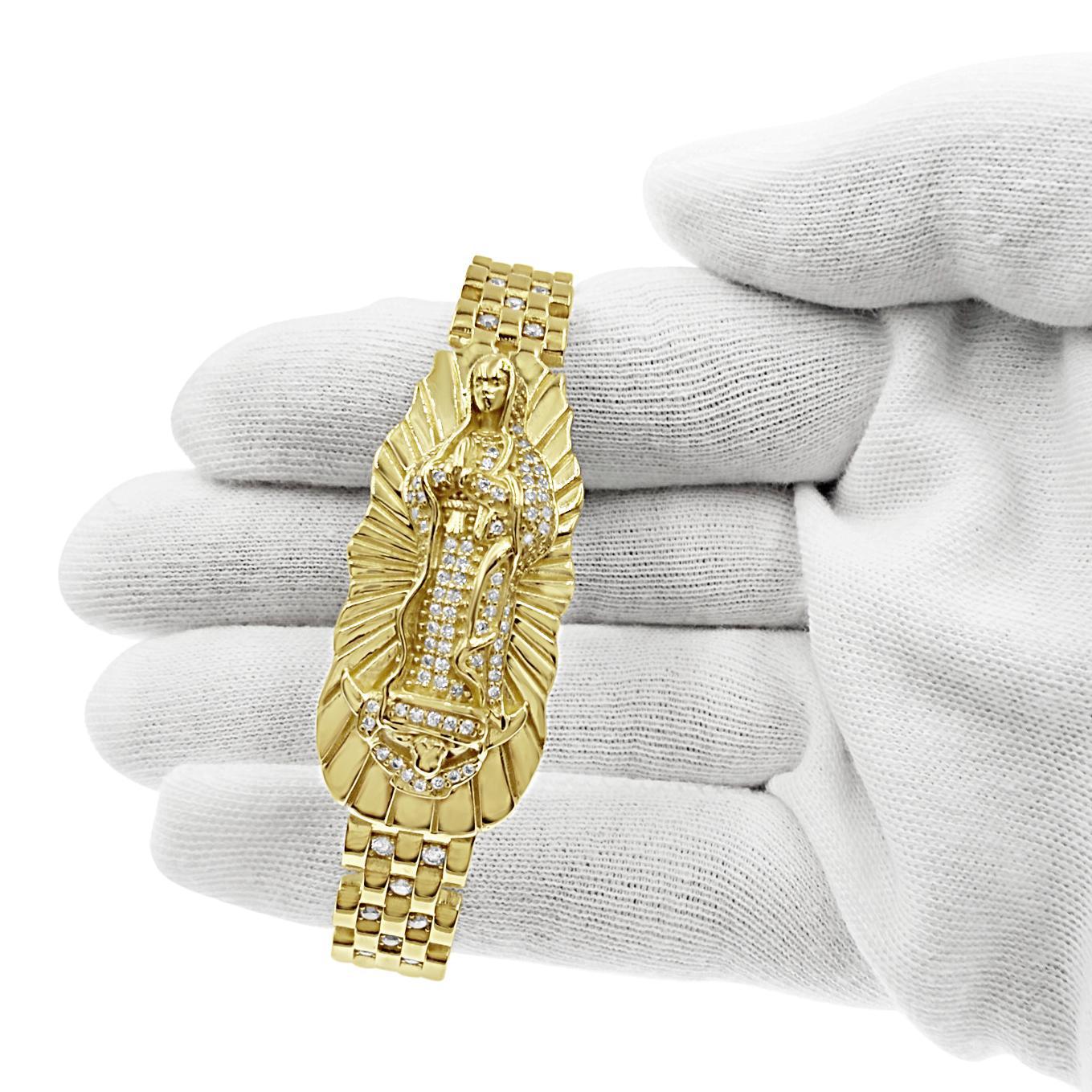 10k Yellow Gold Virgin Mary Hinged Bangle Bracelet CZ Statement