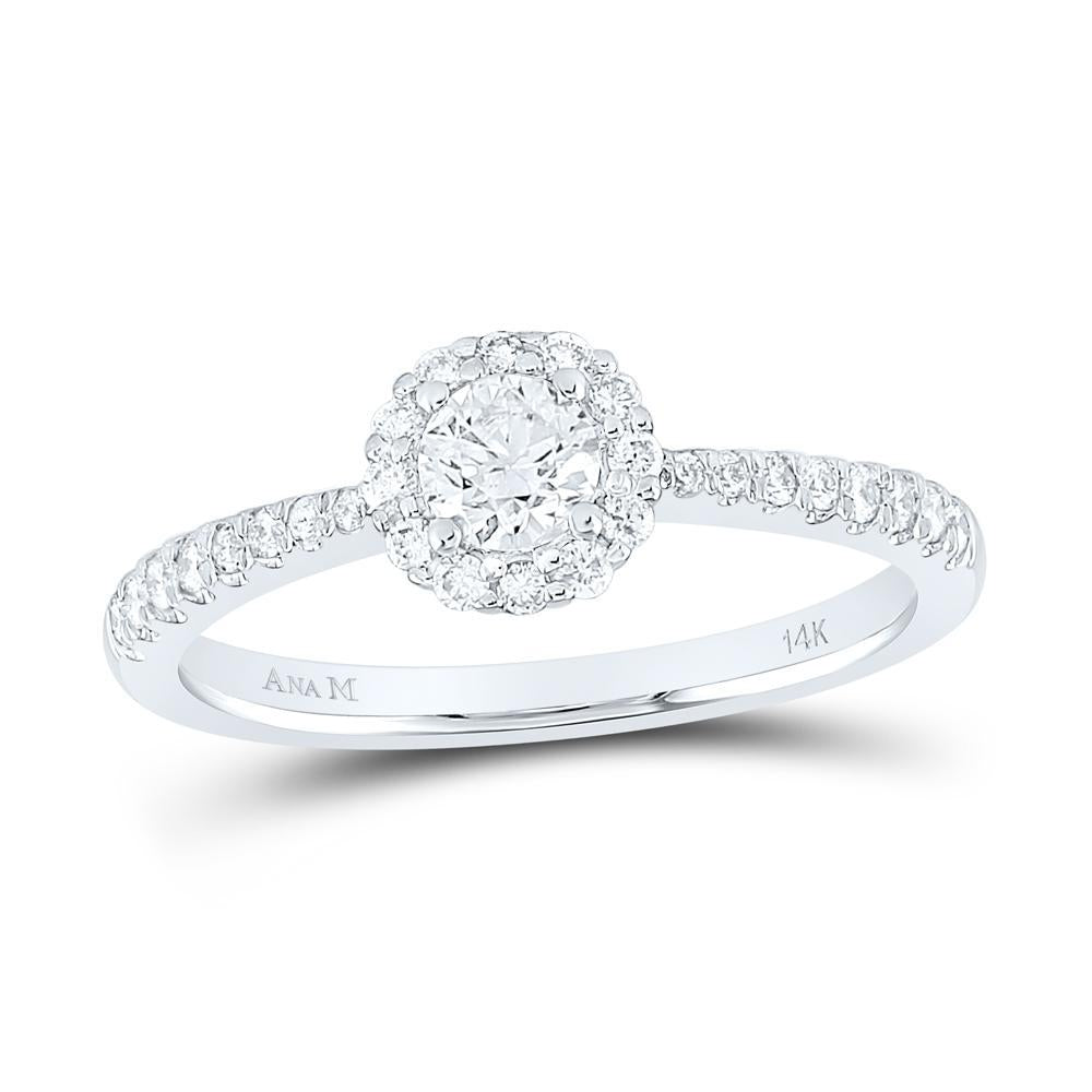 0.50 Cttw Round Diamond Halo Engagement Ring 14k White Gold Bridal Wedding