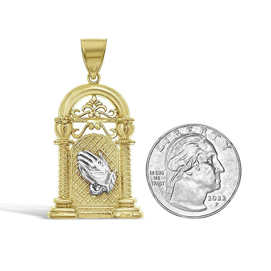 Praying Hands Arch Pendant 10k Yellow White Gold Charm 1.9 inch