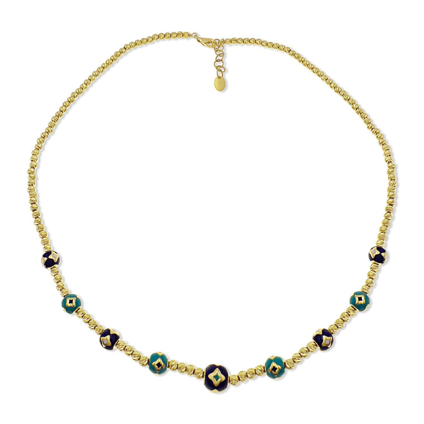 Diamond Cut Ball Chain Enameled Bead Necklace Real 14k Yellow Gold 16"
