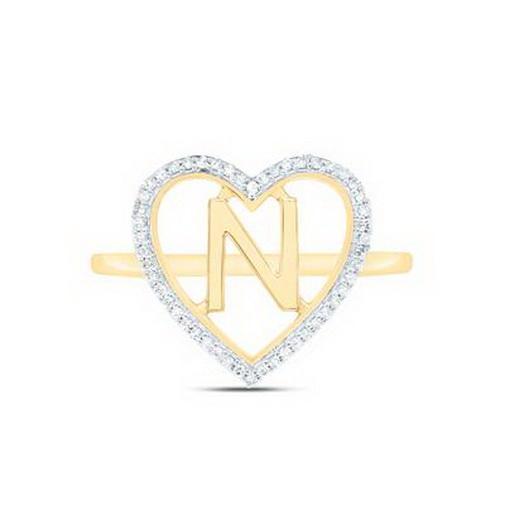 Diamond Initial N Heart Ring 10K Yellow Gold Womens