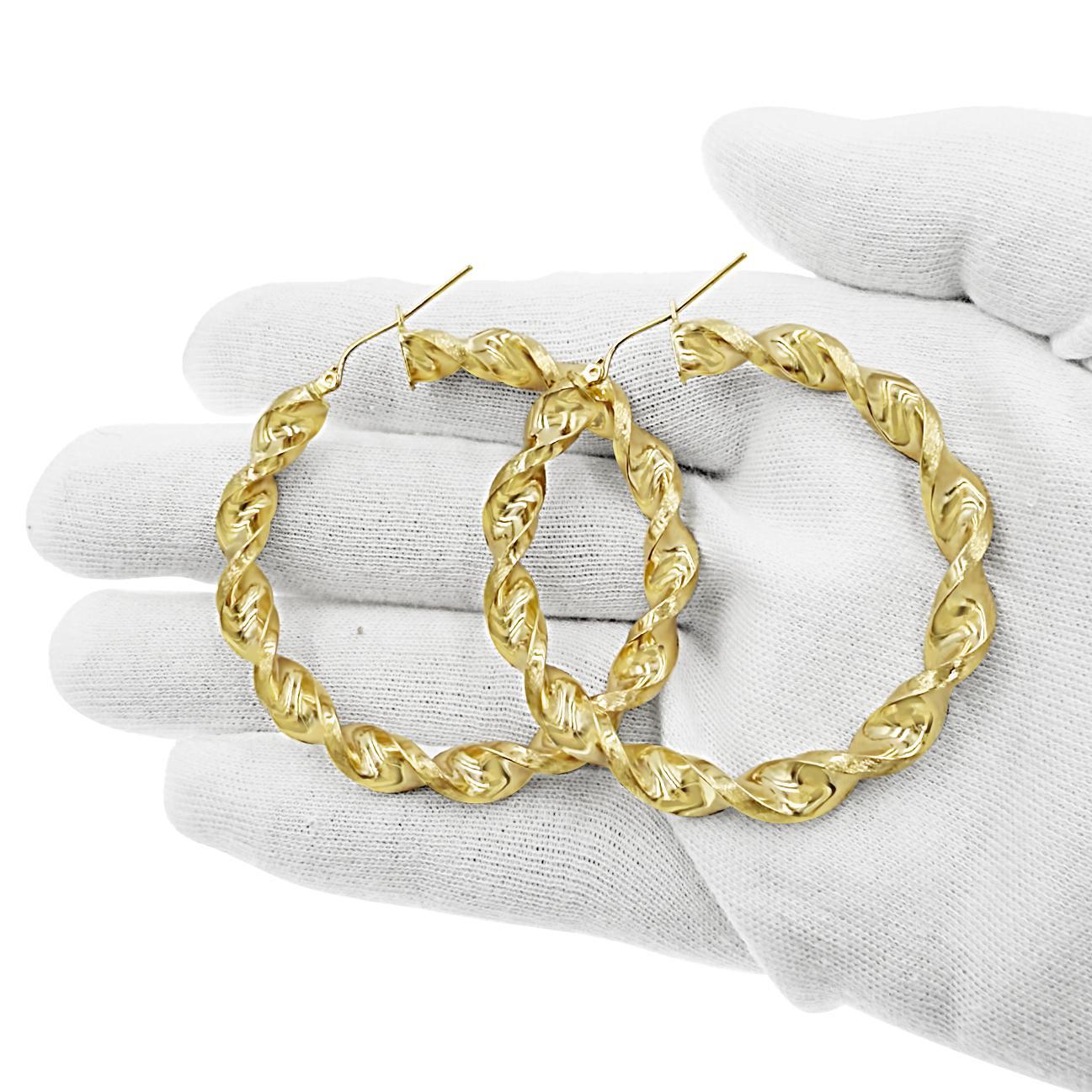 10K Yellow Gold Large Twisted Hoop Earrings Womens 2 Inch 6mm