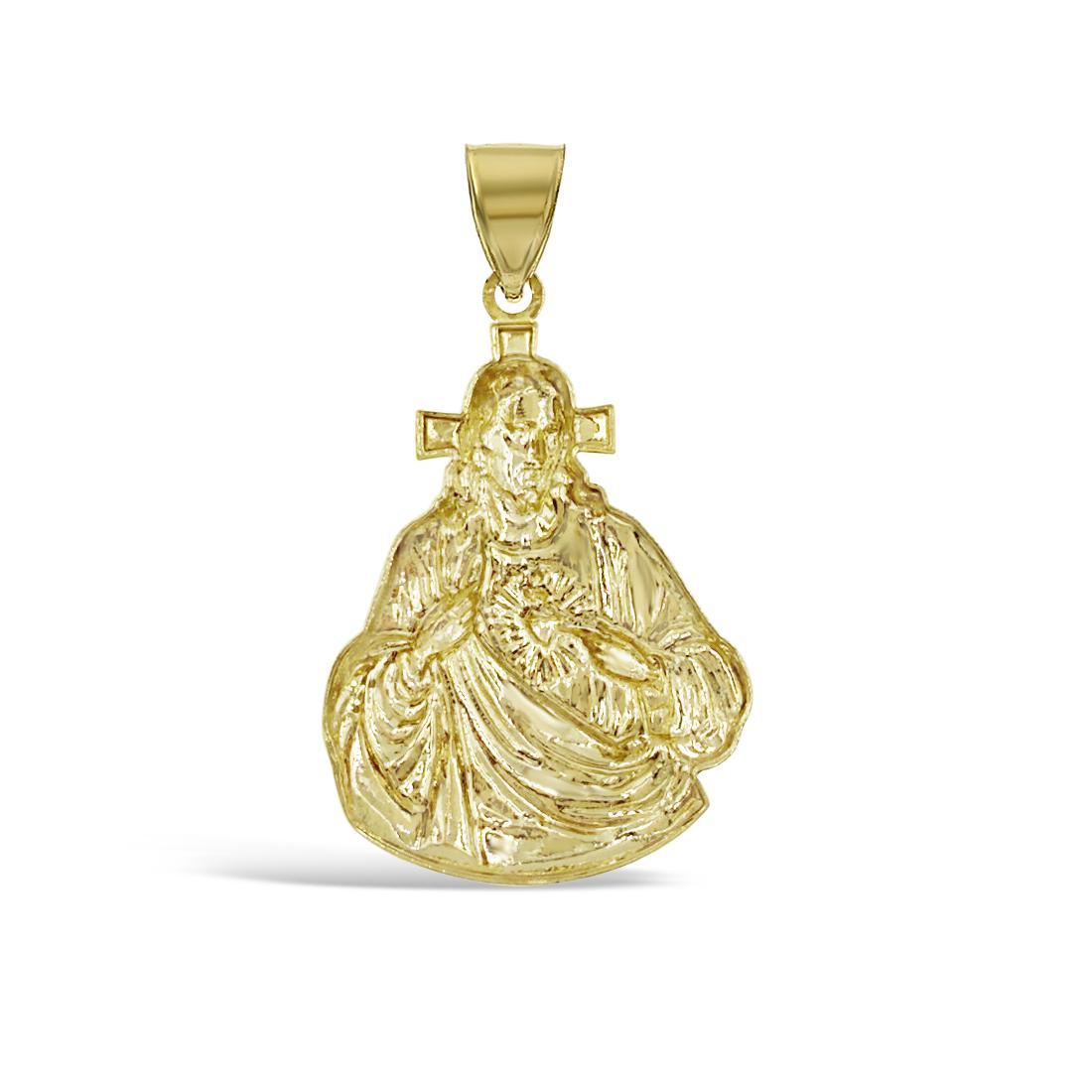Sacred Heart Jesus Cross Pendant 10K Yellow Gold Religious Charm 1.5 inch