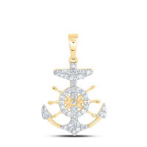 0.20ctw Diamond Nautical Anchor Ship Wheel Pendant 10K Yellow Gold