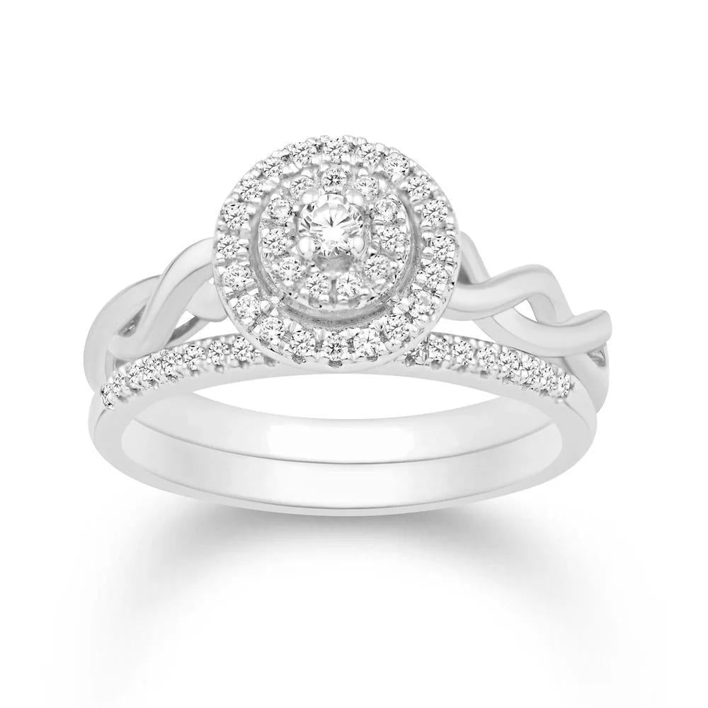 0.31ctw Diamond Halo Twist 14k White Gold Wedding Bridal Ring Set