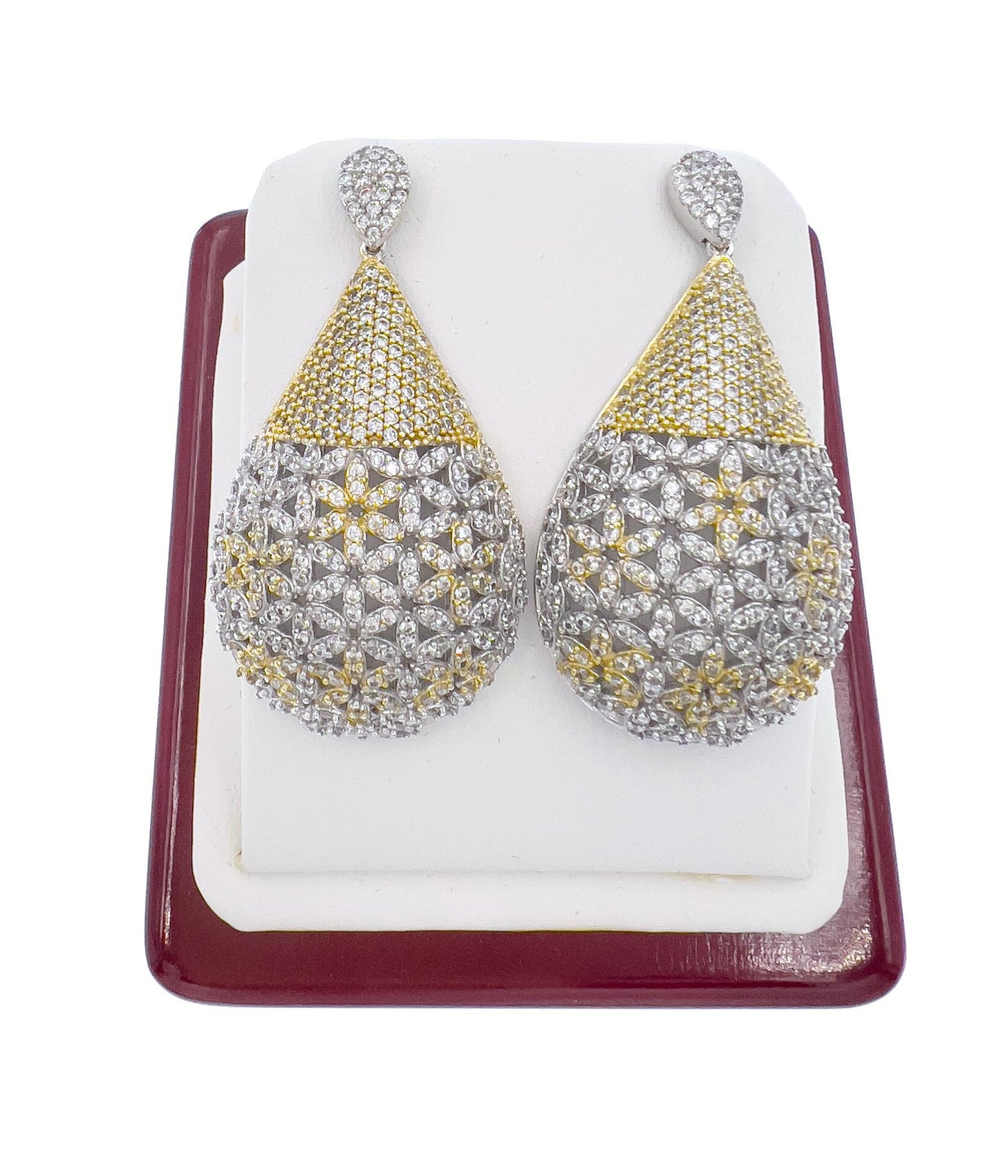 925 Sterling Silver Womens Teardrop Dangle Stud Earrings CZ Two Tone Statement