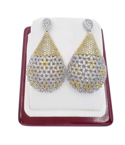 925 Sterling Silver Womens Teardrop Dangle Stud Earrings CZ Two Tone Statement