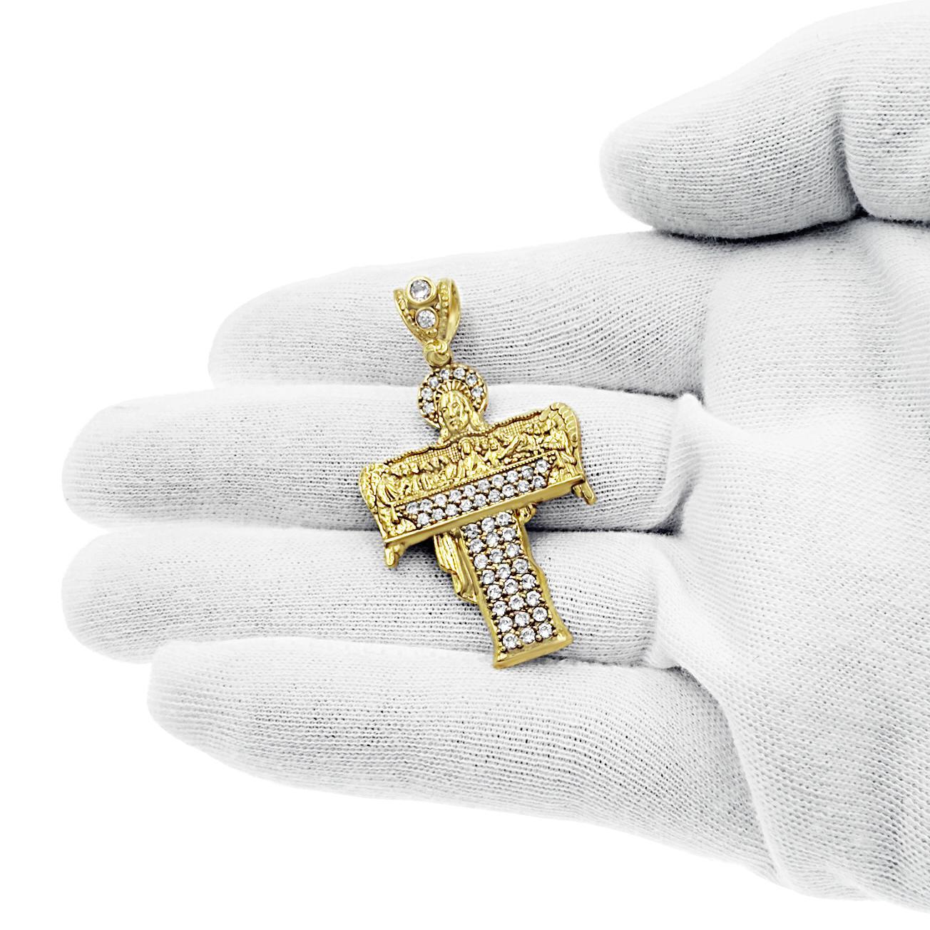 Last Supper Jesus Cross Pendant 10K Yellow Gold CZ Religious Charm 1.9 inch