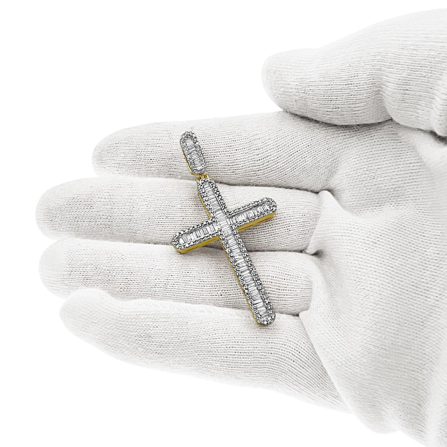 1.25 Cttw Baguette Round Diamond Cross Mens Pendant Charm 10k Yellow Gold