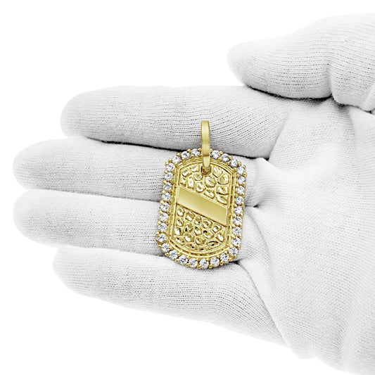 Dog Tag Nugget Pendant CZ Charm Real 10k Yellow Gold 1.7 inch