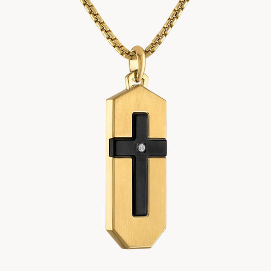 Bulova Icon Cross Diamond Pendant Dog Tag Gold Tone Necklace BVC1076-G6STQ72