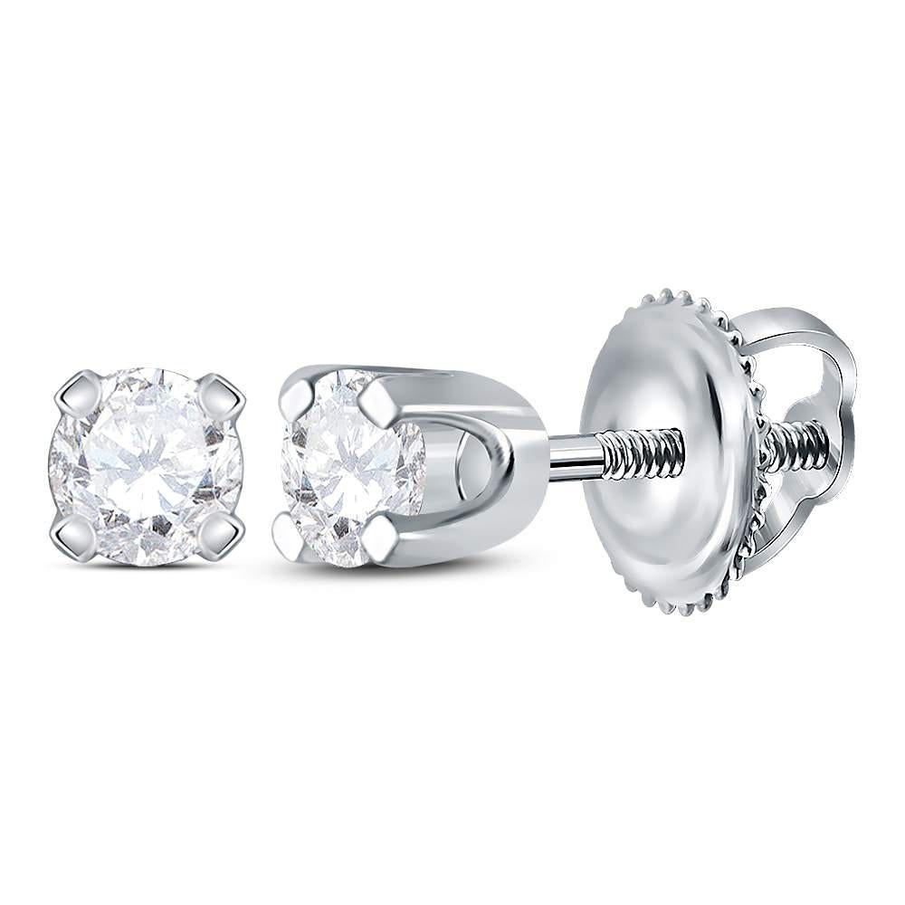 Diamond Excellent Solitaire Stud Earrings 14k White Gold Screw Back