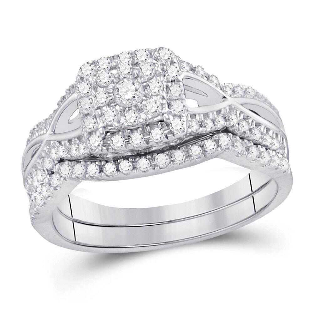 0.50Ct Round Diamond Bridal Square Cluster Wedding Ring Band Set 14k White Gold