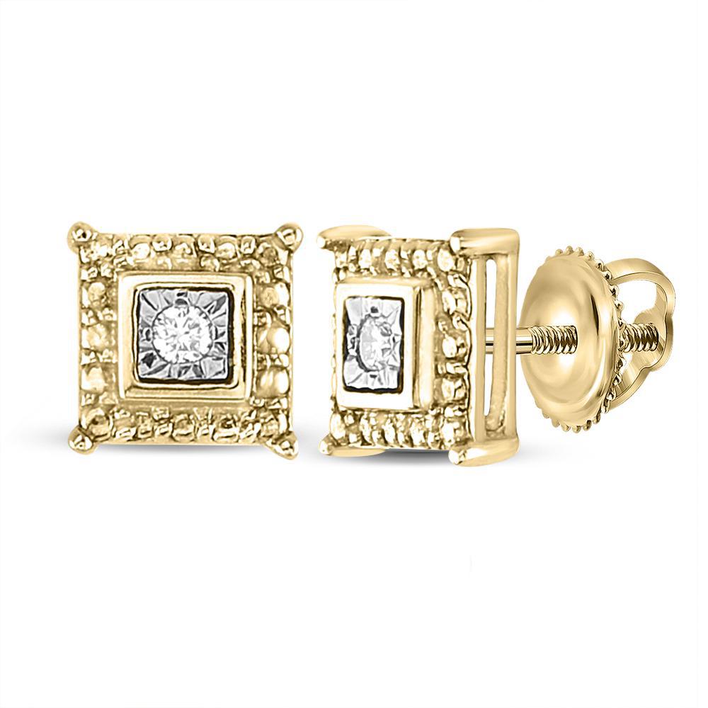 Diamond Square Stud Earrings 925 Sterling Silver Yellow tone Mens Screw Back