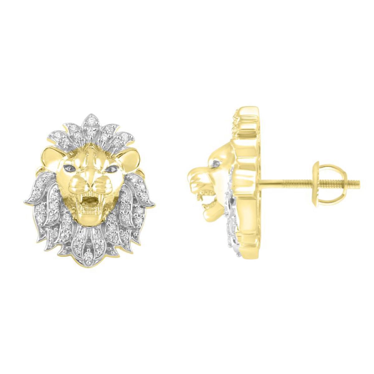 0.25cttw Diamond Lion Mens Stud Earrings 10k Yellow Gold Screw back