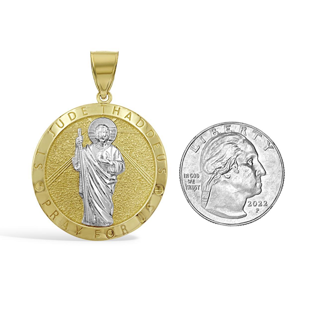 Saint Jude Thaddeus Pendant Round Charm 10k Yellow White Gold 1.9 inch