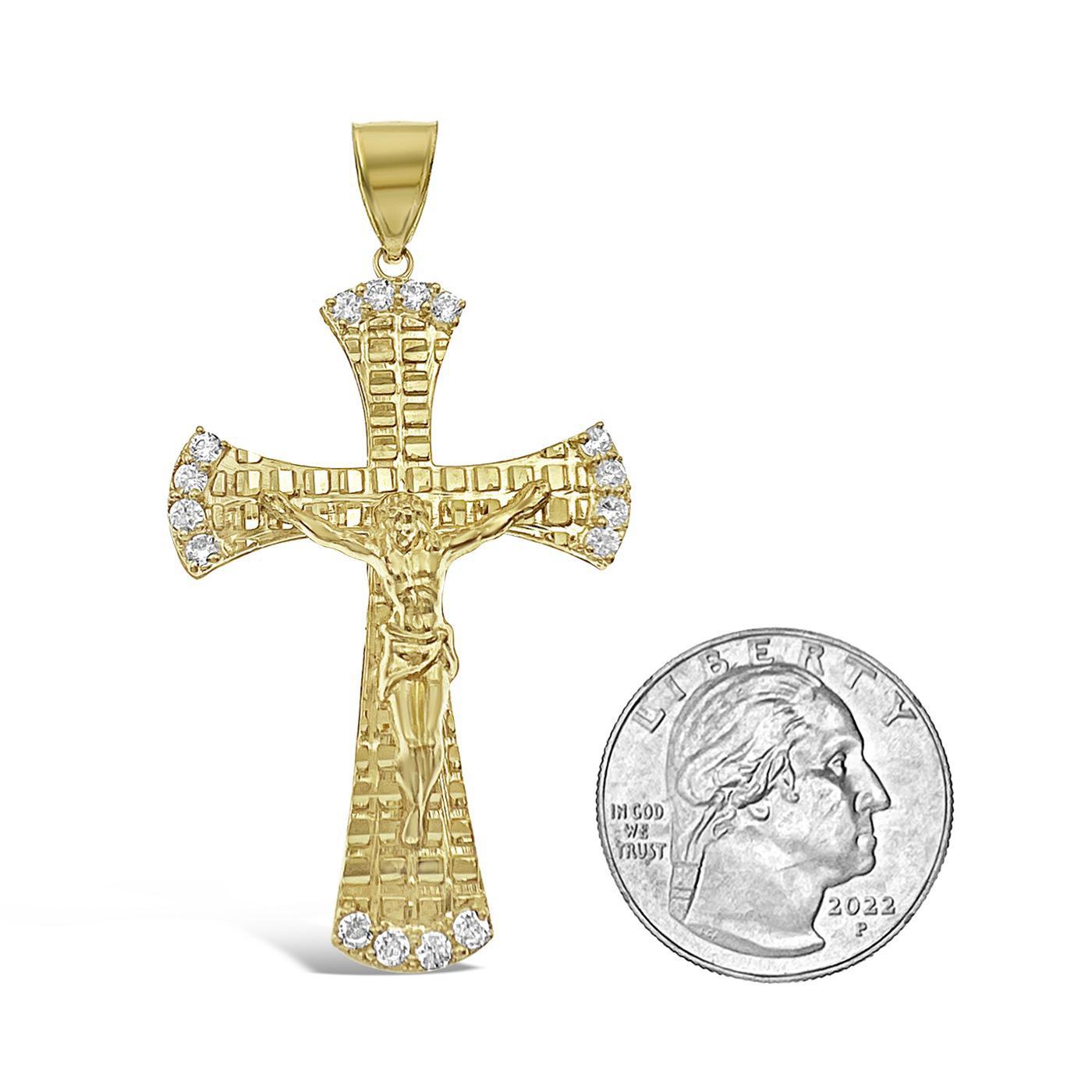 Jesus Crucifix Cross Pendant Charm 10k Yellow Gold CZ 2.4 inch