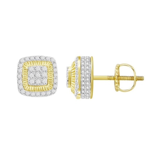 0.25ctw Diamond Square Cluster Stud Earrings 10k Yellow Gold Mens Screw Back