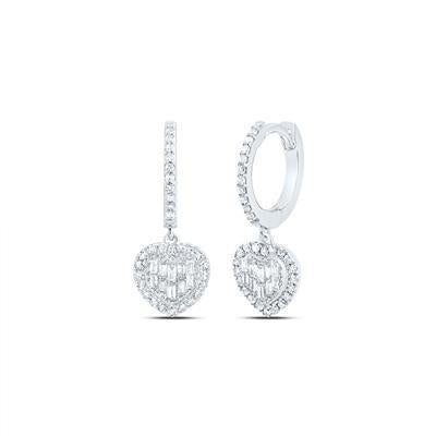 Baguette Diamond Heart Hoop Dangle Earrings 14k White Gold 0.33cttw