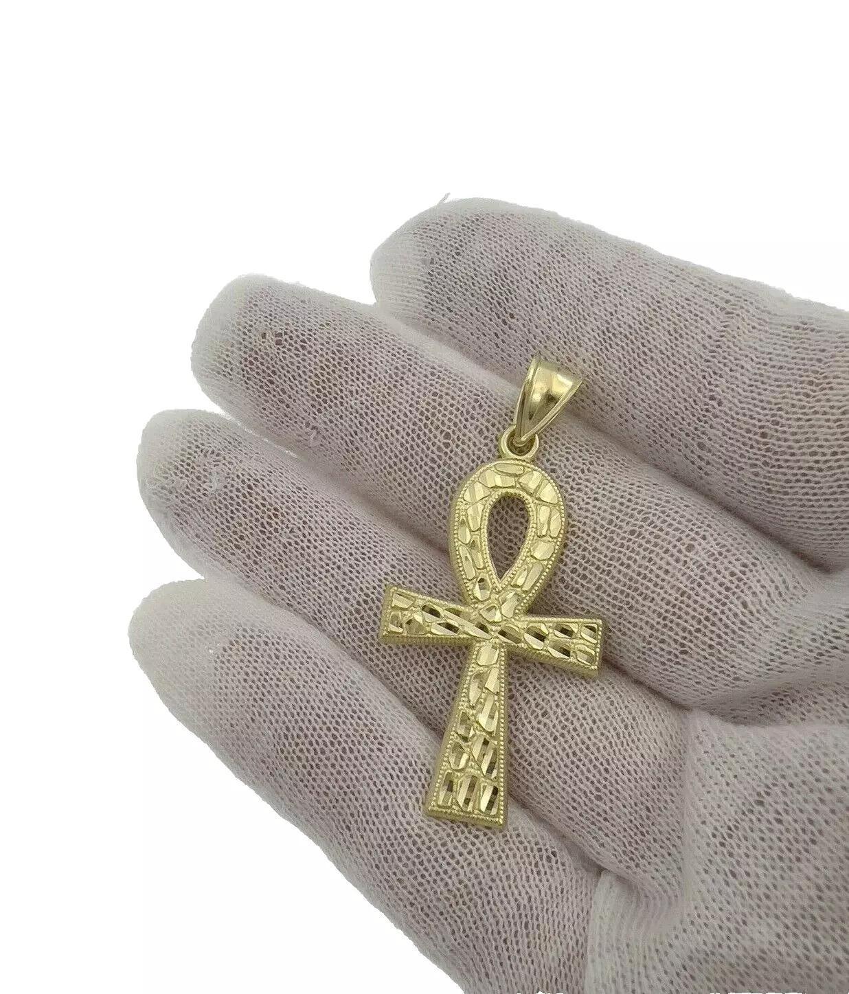 Egyptian Cross Ankh Nugget Pendant Charm 10k Yellow Gold 1.8 inch