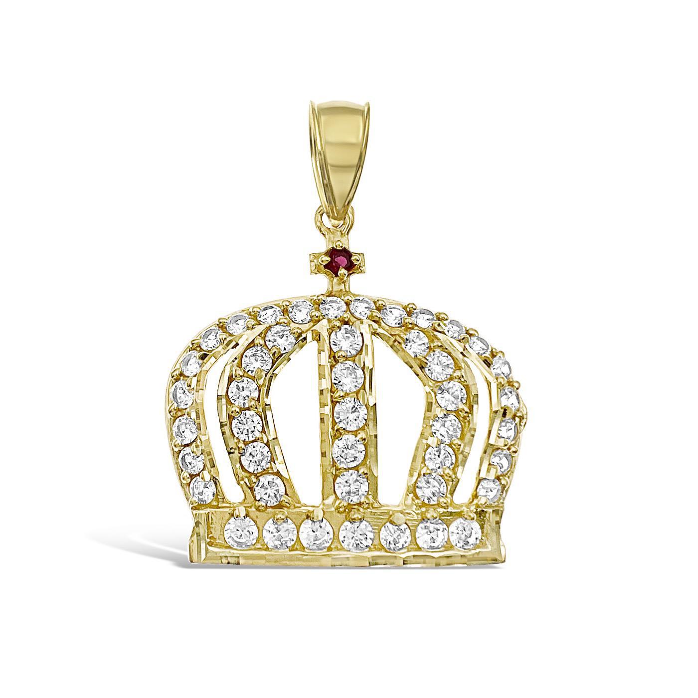 Crown Pendant Mens Charm 10k Yellow Gold CZ 2 inch