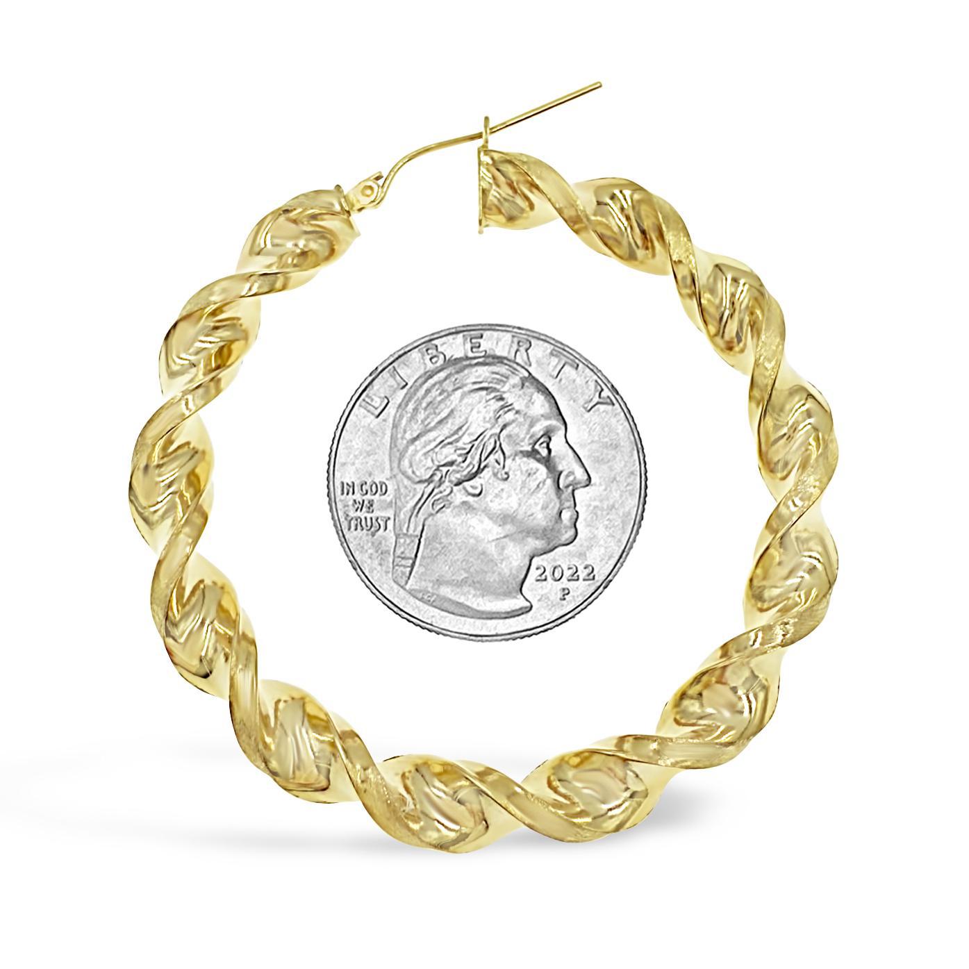 10K Yellow Gold Large Twisted Hoop Earrings Womens 2 Inch 6mm