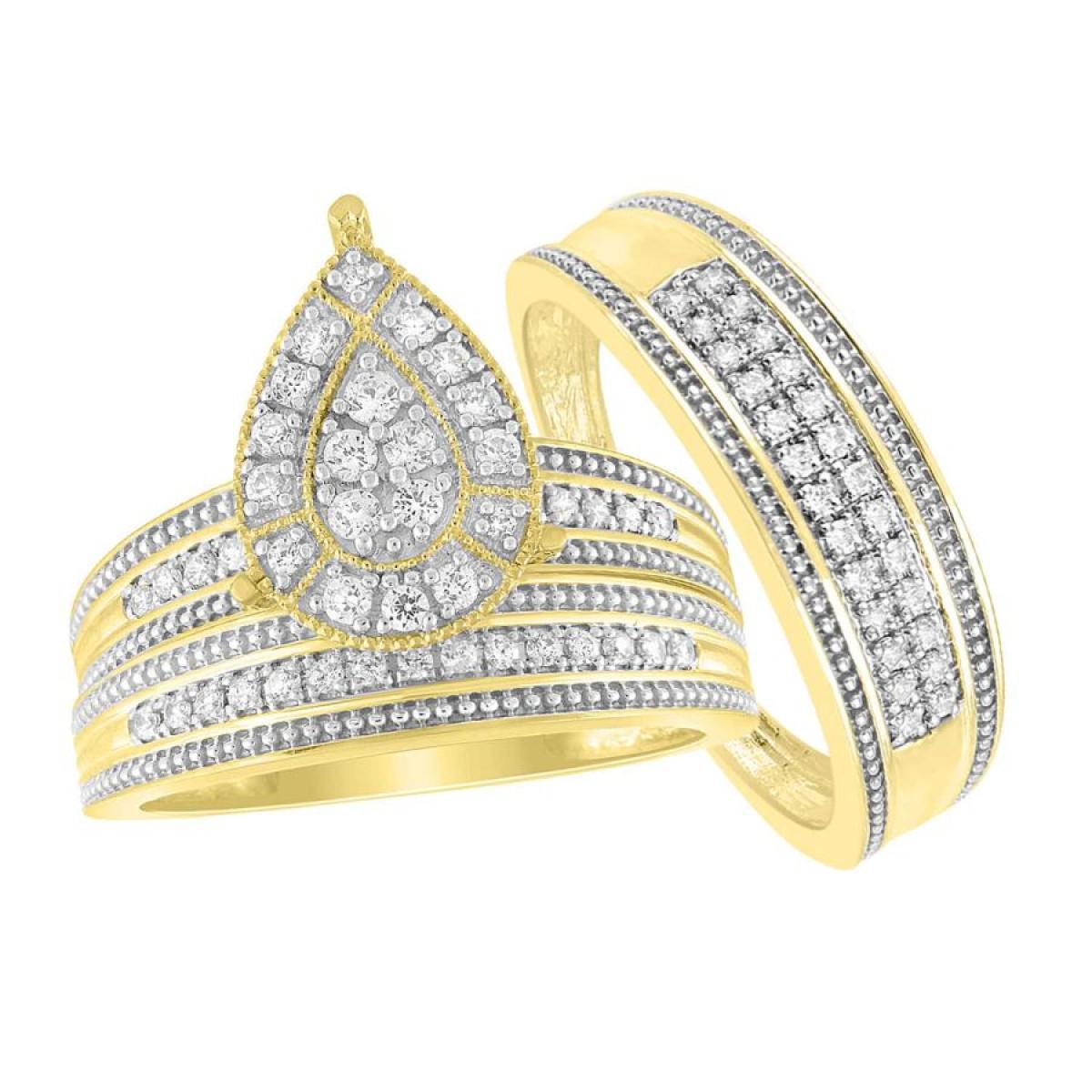 0.50 Cttw Round Diamond Pear Bridal Wedding His Her Trio Set 10k Yellow Gold