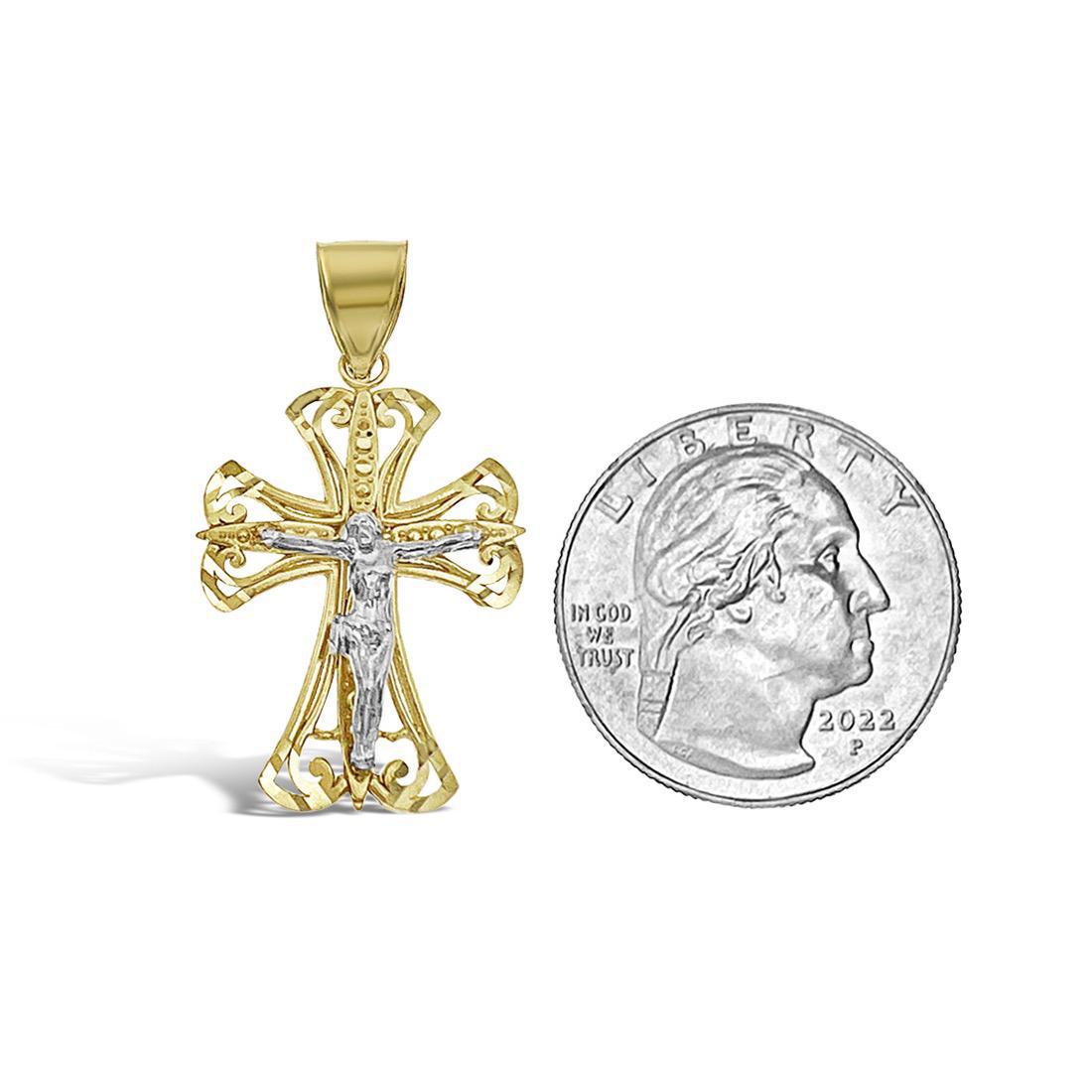 Cross Crucifix Pendant Charm 10k Two Tone Gold 1.4 inch