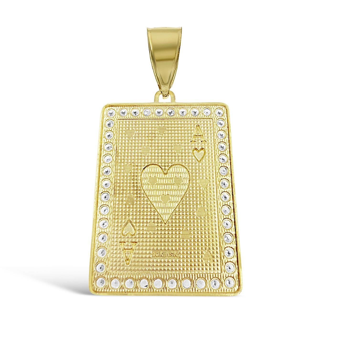 10K Yellow Gold Large Ace Of Hearts CZ Playing Card Pendant Charm 2.6 inch
