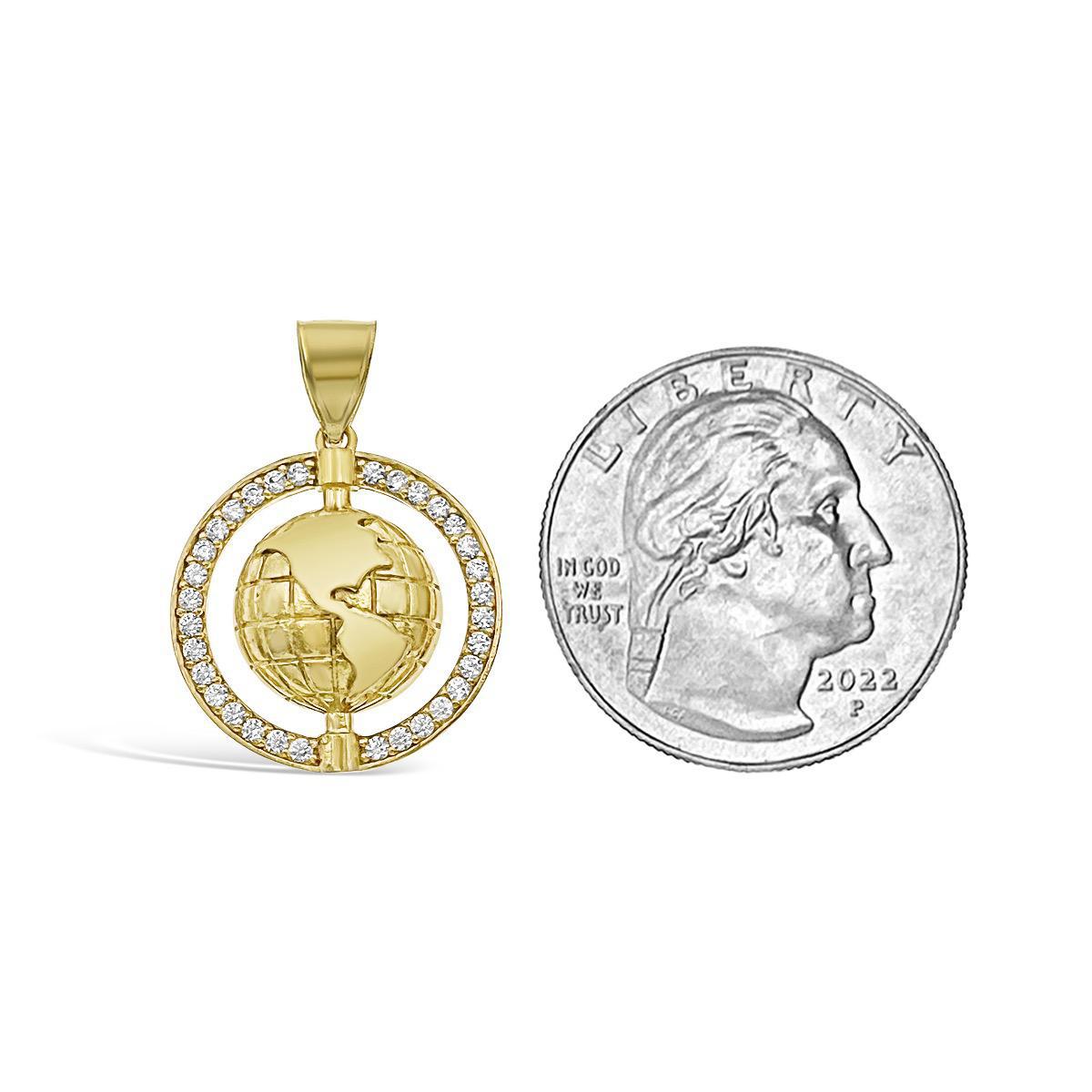 Globe Earth Pendant Charm 10k Yellow Gold CZ 1 inch