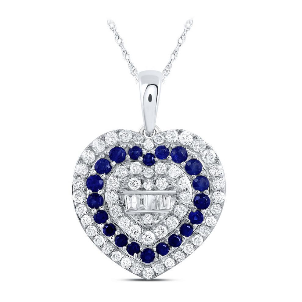Blue Sapphire Diamond Heart Pendant 10K White Gold