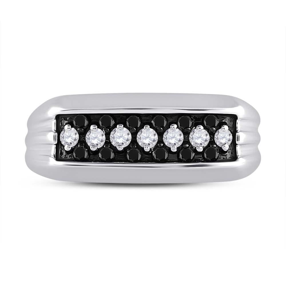 0.50ctw Black White Round Diamond Triple Row Mens Ring Band 925 Sterling Silver