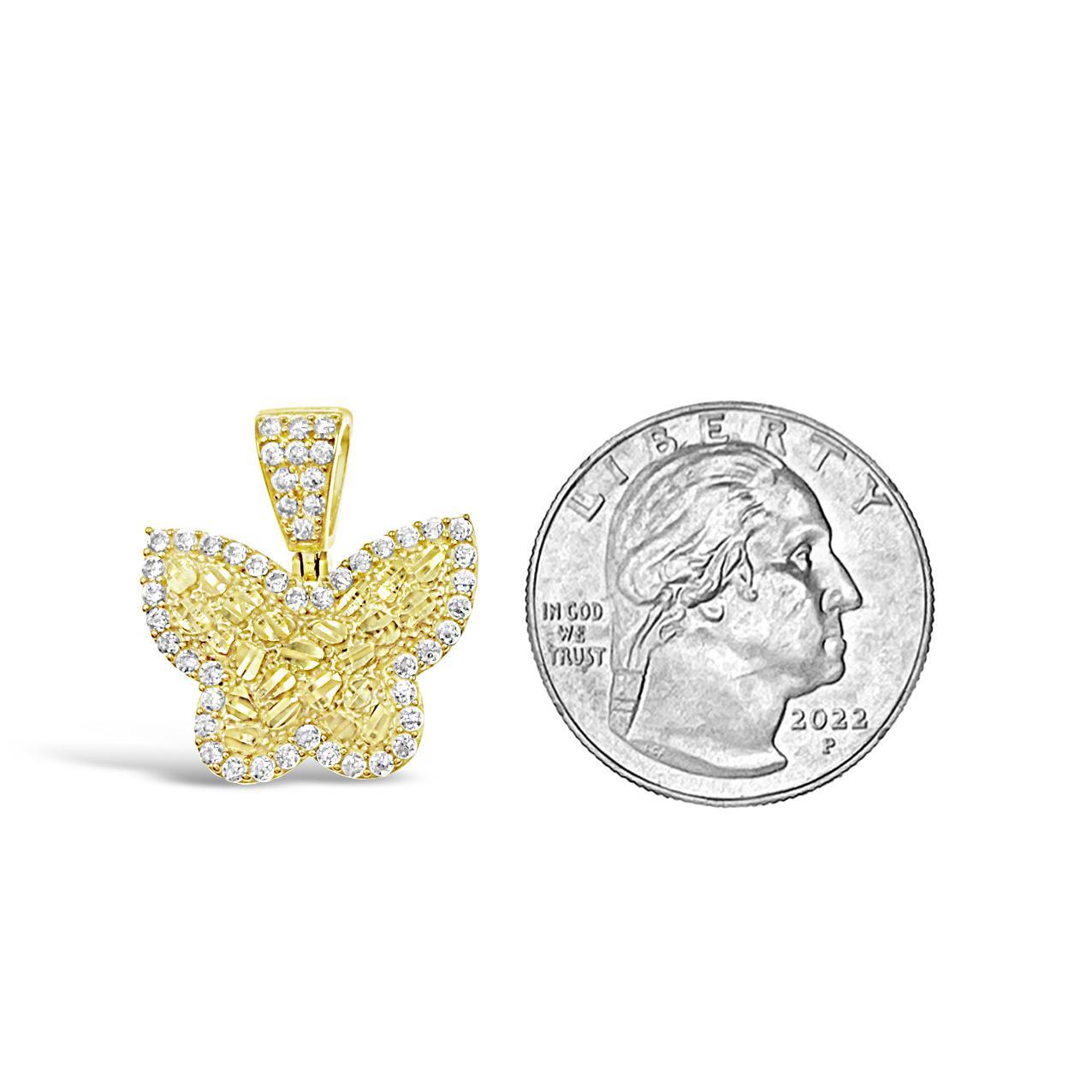 Butterfly Nugget Pendant Real 10k Yellow Gold CZ Charm 0.9 inch
