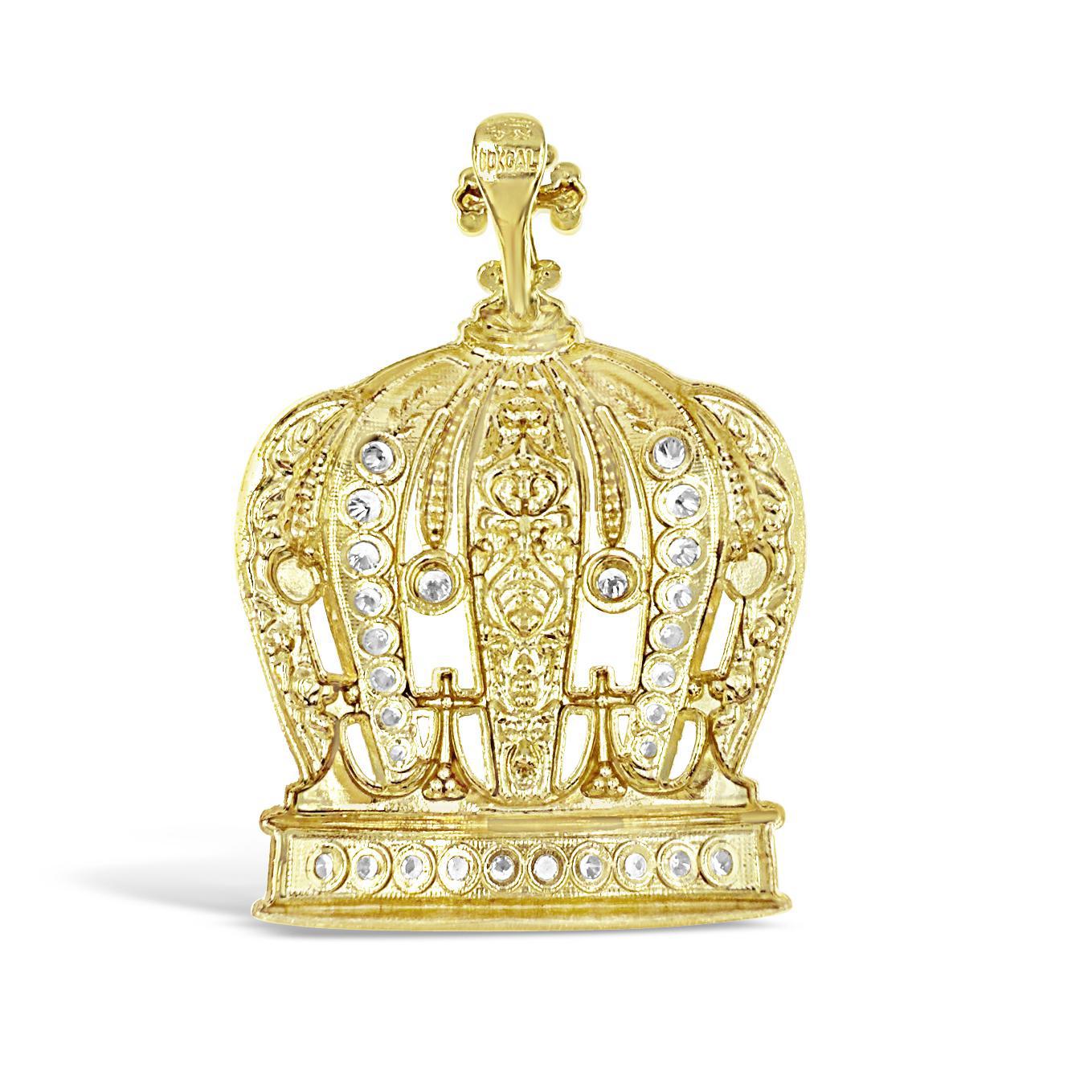 10K Yellow Gold Large Crown CZ Pendant Charm 2.1 inch
