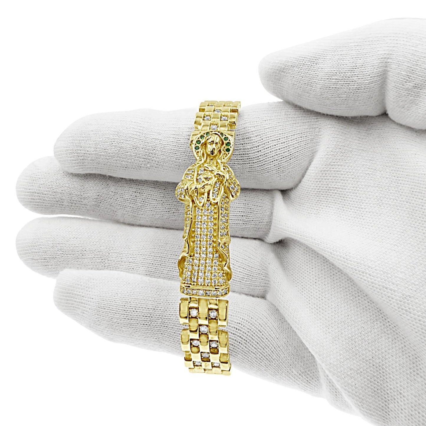 10K Yellow Gold Virgin Mary Guadalupe CZ Hinged Mens Bangle Bracelet