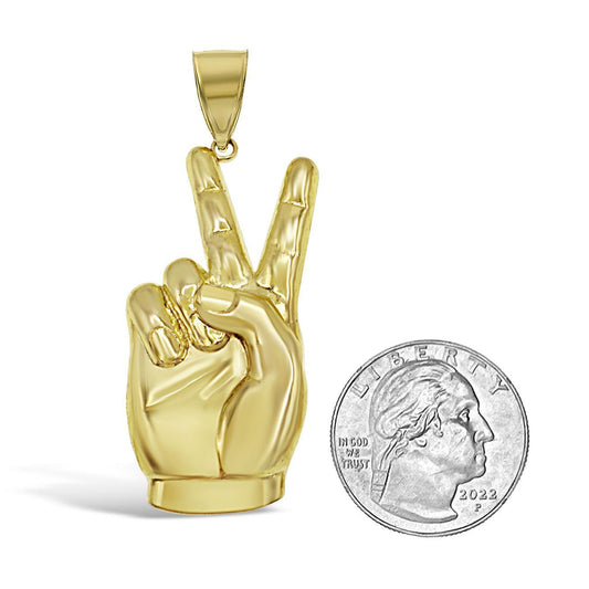10K Yellow Gold V Peace Sign Hand Mens Pendant 2.4 inch