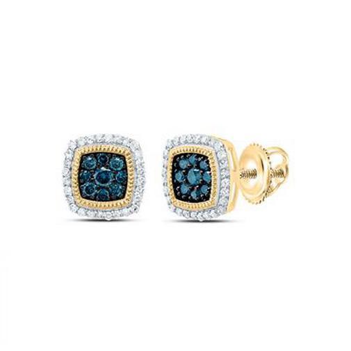 0.33 Cttw Round Blue Diamond Cushion Stud Earrings 10k Yellow Gold Screw Back