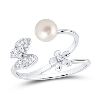 Natural Pearl 6mm & Diamond Butterfly & Flower Womens Ring 10k White Gold