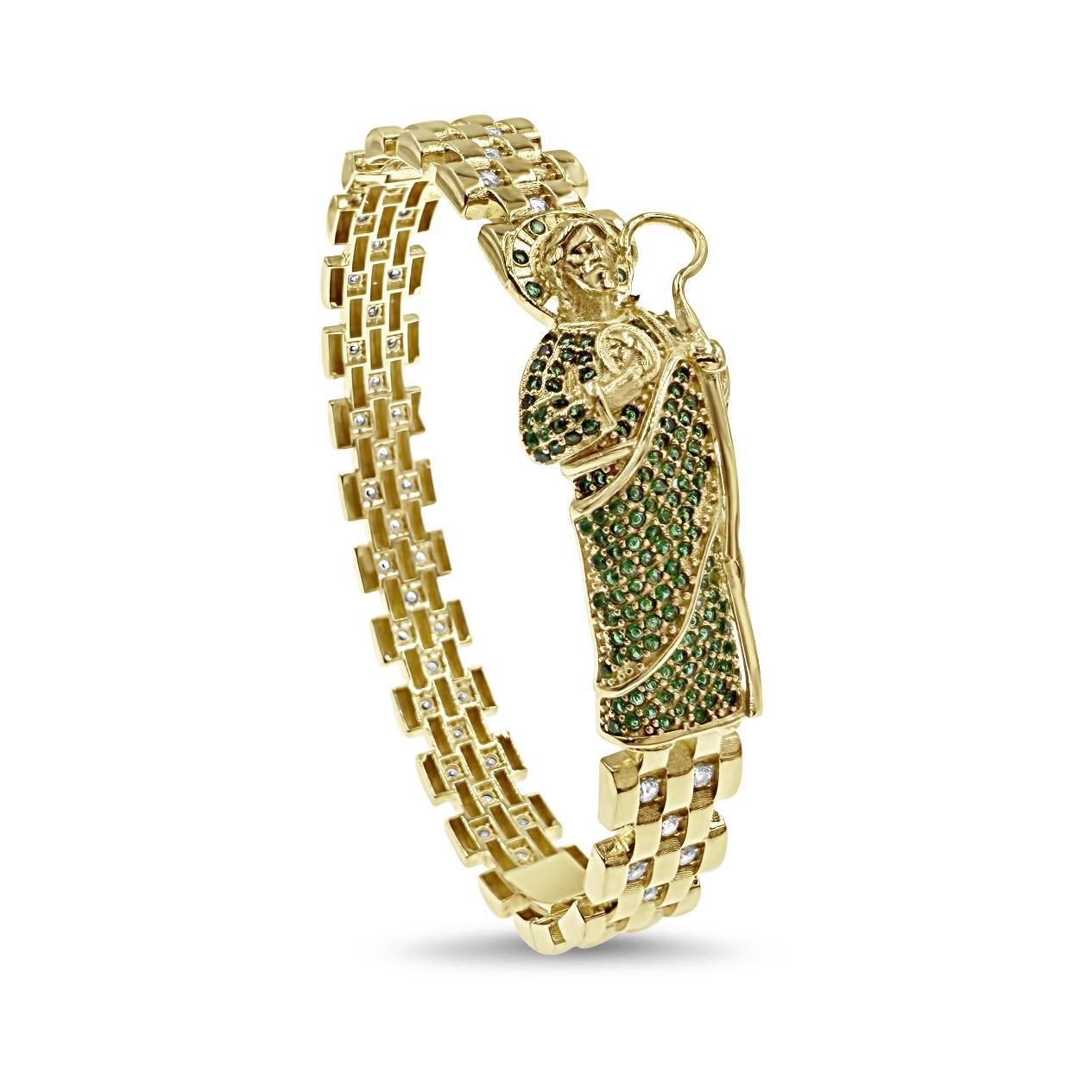 10K Yellow Gold Mens Saint Jude Bracelet Green CZ Hinged Bangle Statement