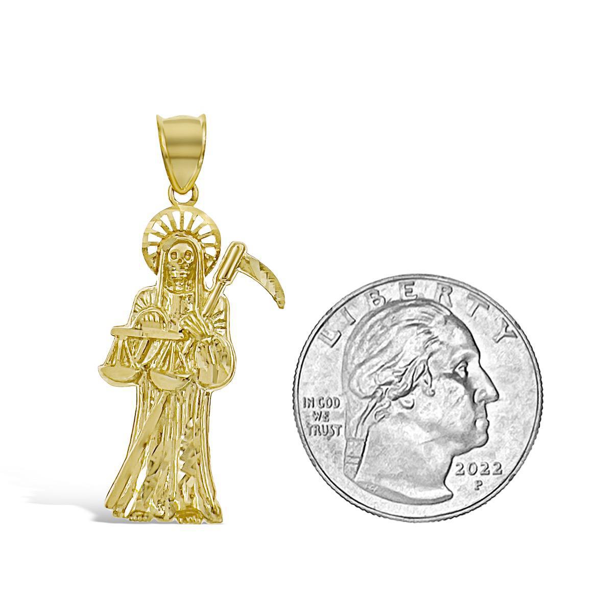 10k Yellow Gold Santa Muerte Pendant Grim Reaper Charm Holy Death 1.6 inch